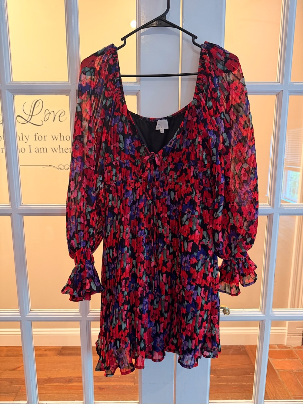 Floral Red & Purple Pleated Mini Dress